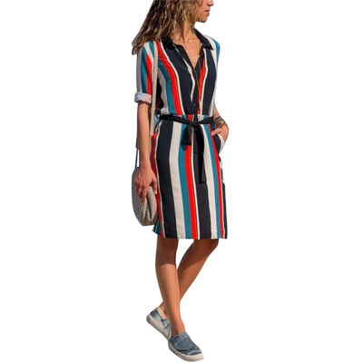 

Bohemian Style Striped Print Knee-length Dresses Casual Turn-down A Line Long-sleeved Womens Beach Party Dress 1pcs