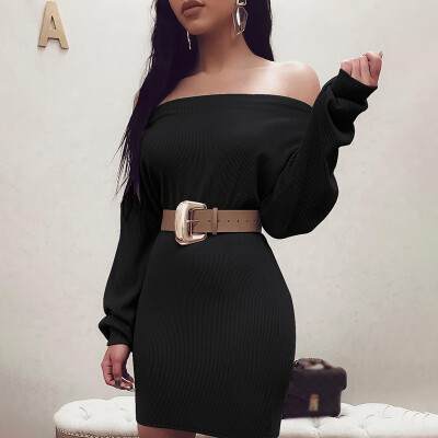 

One-Shoulder Dress Female Sense Long-Sleeved Simple Solid Color Fashion Wild Charm Curve Comfortable Breathable Wild