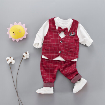 

2019 New Autumn Baby Boy Long Sleeve Gentleman Soft Cotton T-Shirt TopsPlaid VestLong Pants Trousers Toddler Outfits