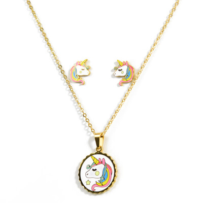 

Colourful Unicorn Necklace Stud Earrings Set Female Temperament Fashion Hypoallergenic Pendant Stud Earrings Festival Gift