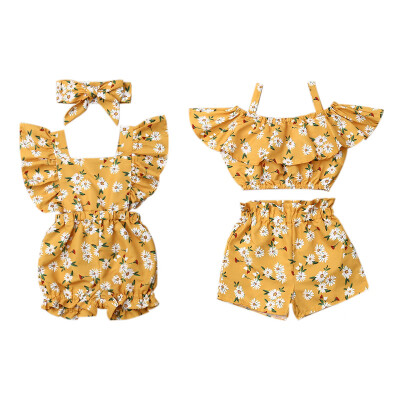 

Newest Summer Baby Girls Strap Sleeveless Short Set RomperPrint Dress FloralBow Headband Comfortable Sisters Clothes Set