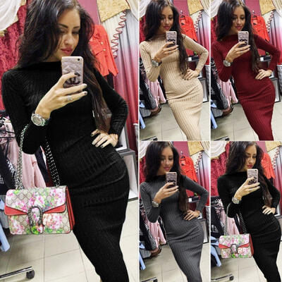 

Women Autumn Winter Long Sleeve Knit Bodycon Sweater Mini Dress Knitwear