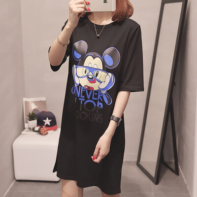 

JOY OF JOY Jingdong Womens 2019 Summer New Korean Loose Medium Long Print Pattern Half Sleeve Top Short Sleeve Womens T-Shirt JWTD191756 Black M