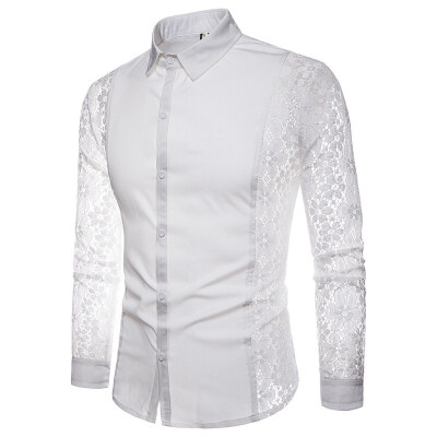 

Autumn Men\s Retro Shirt Long Sleeve Lace Hollow Out Turn-down Collar Solid Color Slim Fashion Shirts