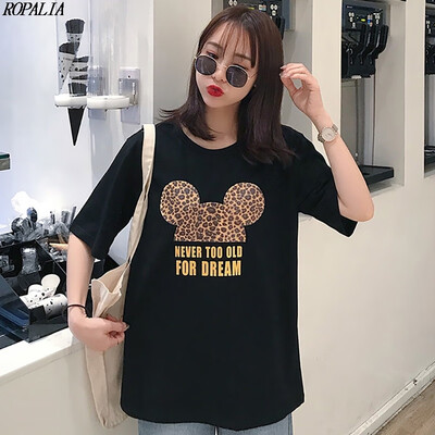 

Womens Round Neck Cartoon Print Bronzing Letters Short Sleeve T-Shirt Korean Style Sweet Pullover T-Shirts