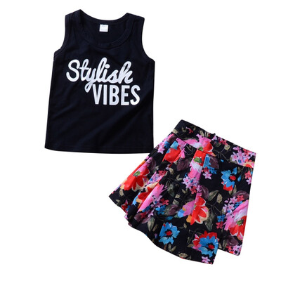 

New Girls Summer Cotton Sleeveless Letter Printed Tank Top Floral Printed Skirt 2 Piece Set Children Clothing Set