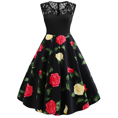 

Plus Size Floral Print Lace Insert Vintage Dress