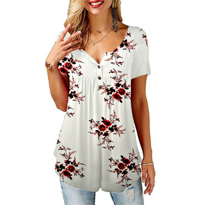 

Summer Women Flower Print Button V Neck Short Sleeve T-Shirt Pleated Loose Top