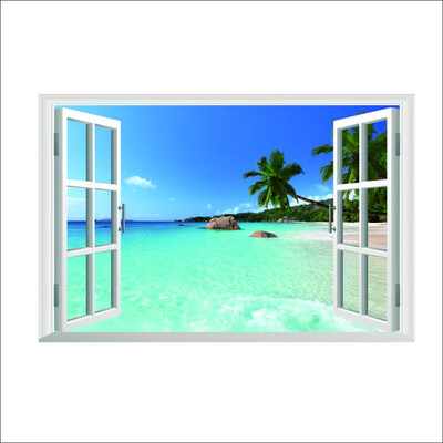 

Tree ocean beach 3d fake windows wall stickers living room decoration diy home decals sea landscape mural art posters