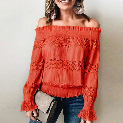 

Tailored Autumn And Winter Womens Solid Color Lace One Shoulder Long Sleeve Blouse