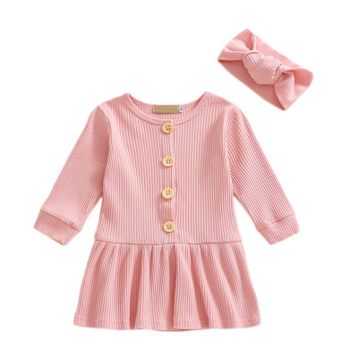 

Girls Dress With Hairband Long Sleeve Kids Dress For Girls Clothes Cotton Solid Color For Kids 1-5 Years Old