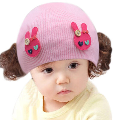 

Autumn Winter Baby Girl Hat With Wig Kids Toddler Infant colorful Cute Knitted BeaniesHat