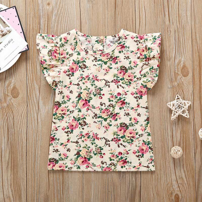 

Summer Baby Girls Flare Sleeve Floral Print T-Shirts Kids Cotton Tops Tees Casual Blouse 1-6Y Lovely Toddler Girl Clothes