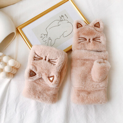 

Tailored fashion Women Winter Lovely Warm Flip Over Thickening Cat Plush Gloves