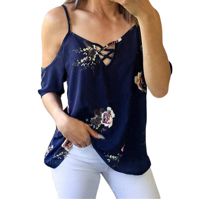 

Floral Print V-Neck Off Shoulder Hollow Out Womens Tops And Blouses Casual Beach Womens Shirt Loose Half Sleeve Blouse Female