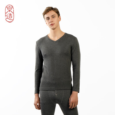 

JZAO mens thermal underwear wool thickening autumn clothes long pants warm set dark gray V-neck L code