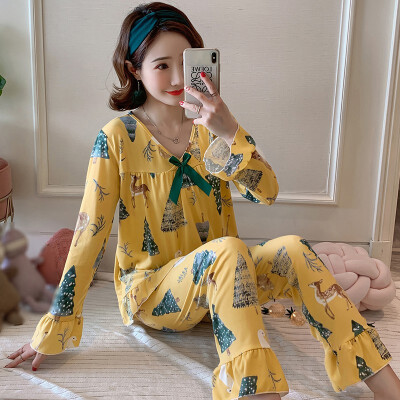 

Autumn Women Pajamas Sets Flower Print Fashion Bow Luxury Female Faux Silk Two Pieces Shirts Pants Nighties Sleepwear