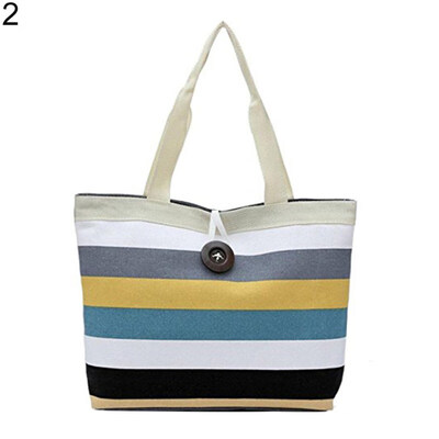 

Lady Fashion Striped Button Zippered Shopping Shoulder Handbag Canvas Tote Bag