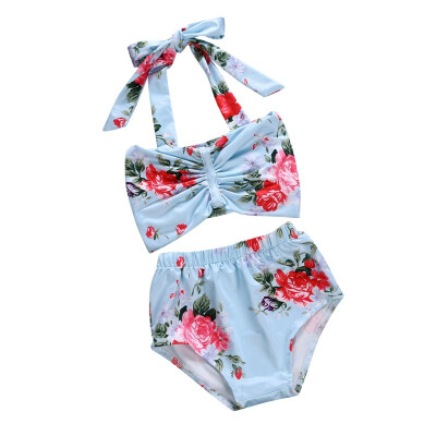 

Two Pieces Baby Girls Halter Bow-knot Tube TopFloral Short Bottoms Girls Bikini Bathing Suit Summer Swimwear Beachwear