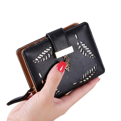 

Women Hollow Leaf Zipper Buckle Faux Leather Cash Card Holder Purse Short Wallet