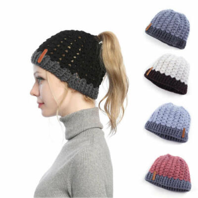 

Winter Ponytail Beanie Hat Soft Stretch High Messy Knit Womens Ponytail Warm Cap