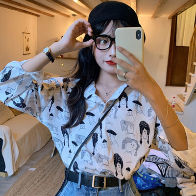 

Women Harajuku Vintage Shirt Long Sleeve Autumn Graffiti Print Casual Shirt Female Korean Style Blouse Clothing