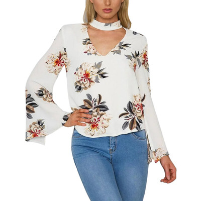 

New Arrival Women Chiffon T-Shirt Casual Floral Printing Loose Elegant Long Sleeve Tops