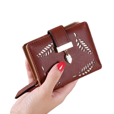 

Women Hollow Leaf Zipper Buckle Faux Leather Cash Card Holder Purse Short Wallet