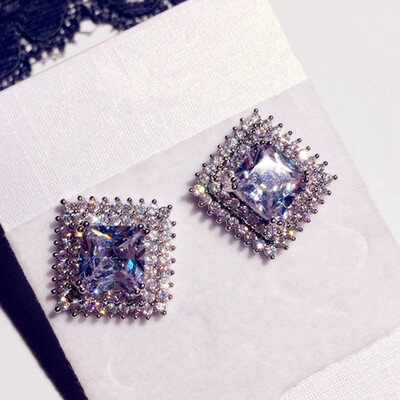 

Women White Square Stud Earring With Zircon Silver Color Double Earrings Women Fashion Jewelry