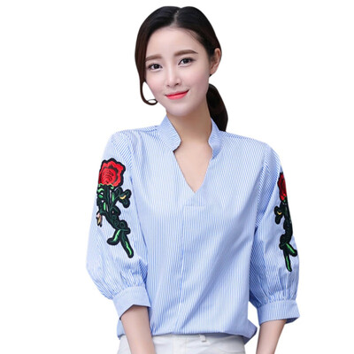 

Women Striped Half Sleeve Shirt V neck Loose Rose Embroidery Blusas Femme Casual Tops Plus size