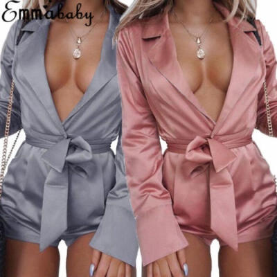 

Sexy Womens V-neck Satin Mini Playsuit Plunge Belted Jumpsuit Beach Shorts -XXL