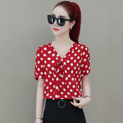 

Summer Sweet Slim Womens Blouse Bow Decoration Polka Dot Chiffon Shirt V-Neck Casual Short Sleeve Womens Blouse