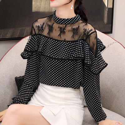 

Tailored Womens Polka Dot Printed Long Sleeve Chiffon Lace Hollow Out Chiffon Blouse