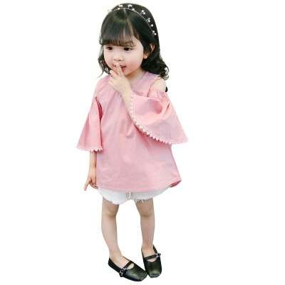 

Kids Summer Girls Sweet Strap Off-shoulder Wear Bottoming Trumpet Sleeved Solid Color Cotton Tops 0-2 Years