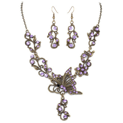 

Vintage Women Butterfly Flower Crystal Wedding Necklace Earrings Jewelry Set