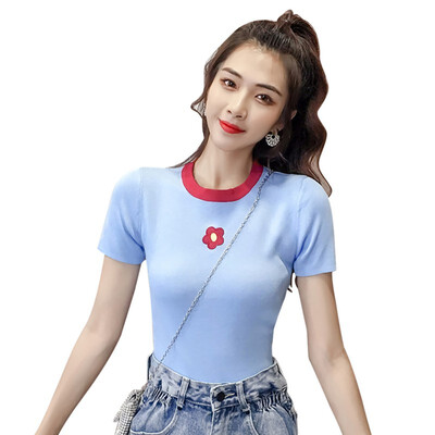 

Womens Round Neck Floral Embroidery Short Sleeve Knitted Pullover T-Shirt
