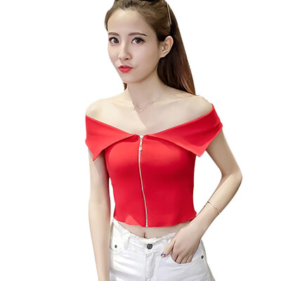 

New 2019 Summer Sexy Off Shoulder T Shirt Tops For Women Casual Sleeveless Short T-shirts Korean Fashion Zipper Cropped Tops