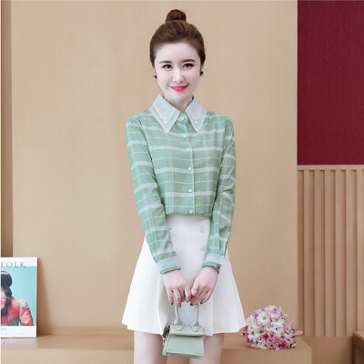 

Tailored Fashion Autumn Casual Striped Plaid Chiffon Women Blouse Shirt Long Sleeve