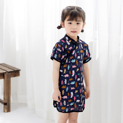 

Baby Summer Girls Round Neck Cotton Print Princess Cute Sweet Short Sleeve Cheongsam Princess Dress