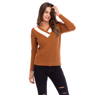 

Gobestart Women Colorblock V Neck Long Sleeve Knitted Sweater Jumper Pullover Top Blouse