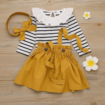 

Autumn Newborn Baby Girl Jumpsuit Sets Long Sleeve Striped Print Romper And Strap Skirt With Headband