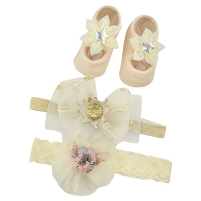 

Newborn Baby Cartoon Bowknot Flower Design Cotton Socks With Hairband Photography Props Set