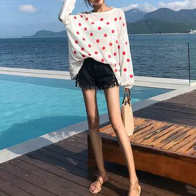 

Women Summer Elegant Fashion Design Casual Flax Breathable Sunscreen Long Sleeve Round Collar Loose Dot Printed T-shirts
