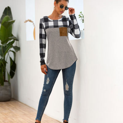 

Autumn 4 Colors Concise Casual All-match Women Fashion Color-blocked Round Collar Long Sleeve T-shirts