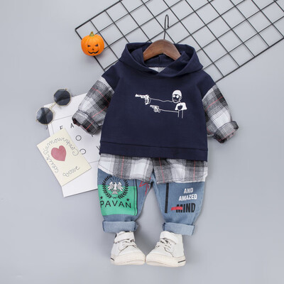 

Autumn Fashion Baby Costume Set Boys Long Sleeve Patchwork Plaid Print Hoodie Sweatshirt TopsCartoon Denim Pants Set Outfit