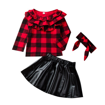 

Autumn Baby Girls Adorable Plaid Print Long Sleeve Top Leather Skirt With Headband Casual Outfits Clothes 1-6Y