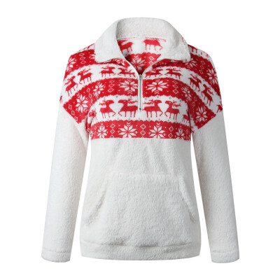 

Women Plush Sweater Zipper Pocket Christmas Print Sweatshirts Long Sleeve Casual Warm Winter Autumn Loose Tops -XL