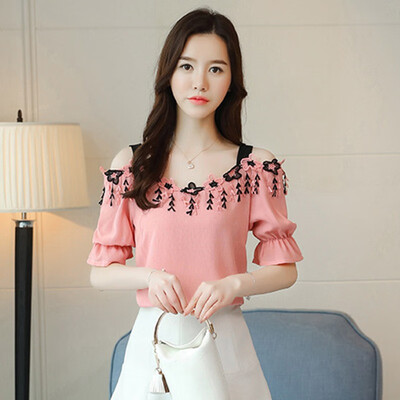 

Chiffon Blouse Fashion Women Off Shoulder Blouse Sweet Girl Butterfly Sleeve Slash Neck Female Blouse