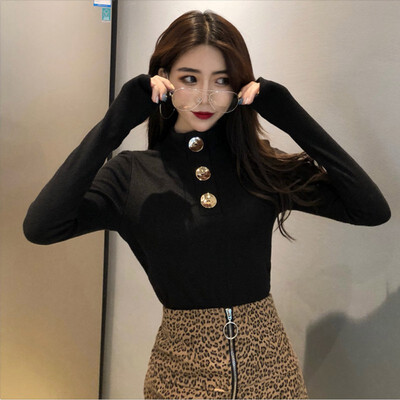 

Temperament Slim Women Sweater New Simple Winter Solid Color Button Long-Sleeved Turtleneck Sweater Slim Bottom Knit Sweater