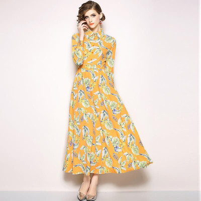 

S M L XL XXL elegant new autumn 2018 women long maxi dress long sleeve yellow flower print A line ankle length office lady